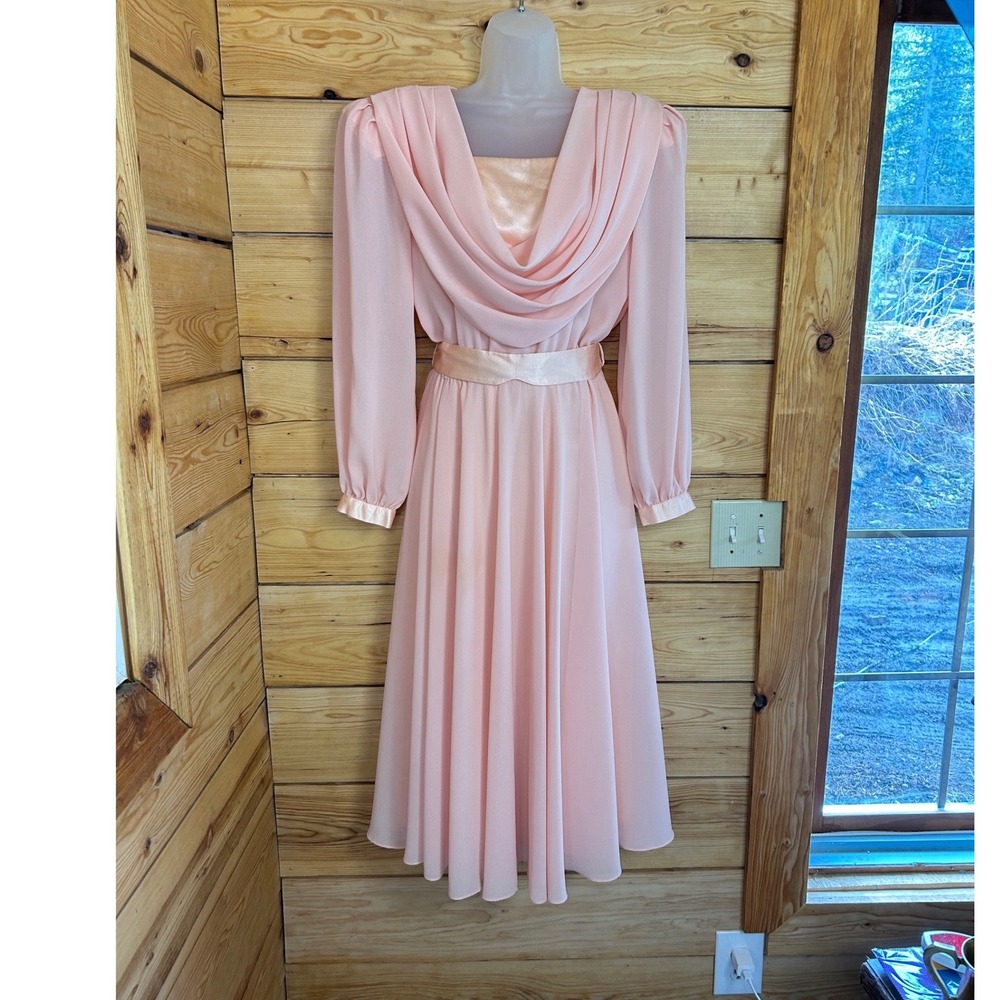 Ursula of Switzerland Vintage Peach Chiffon Cowl Neck Midi Dress Petite 12 Class